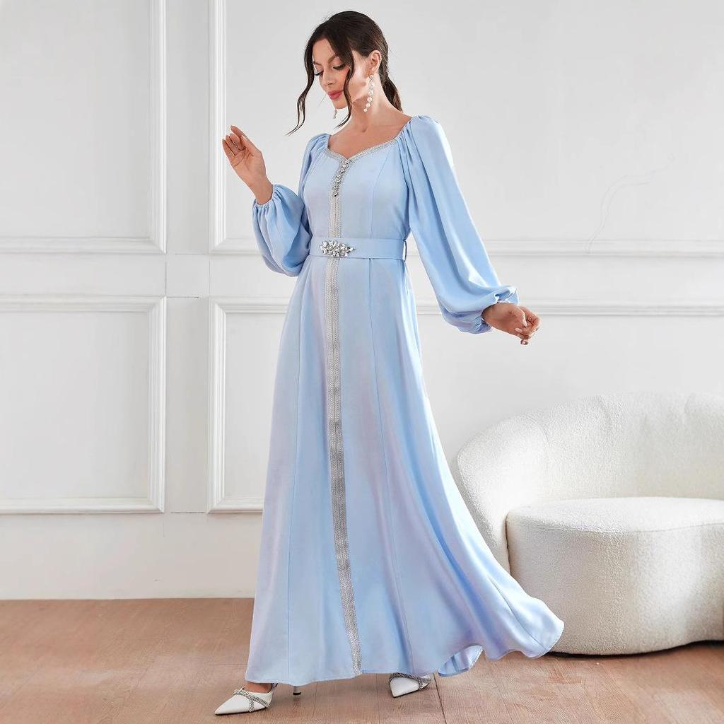 Elegant High-Waist Studded Dress for Middle Eastern Muslim Women - Summer/Autumn Fashion