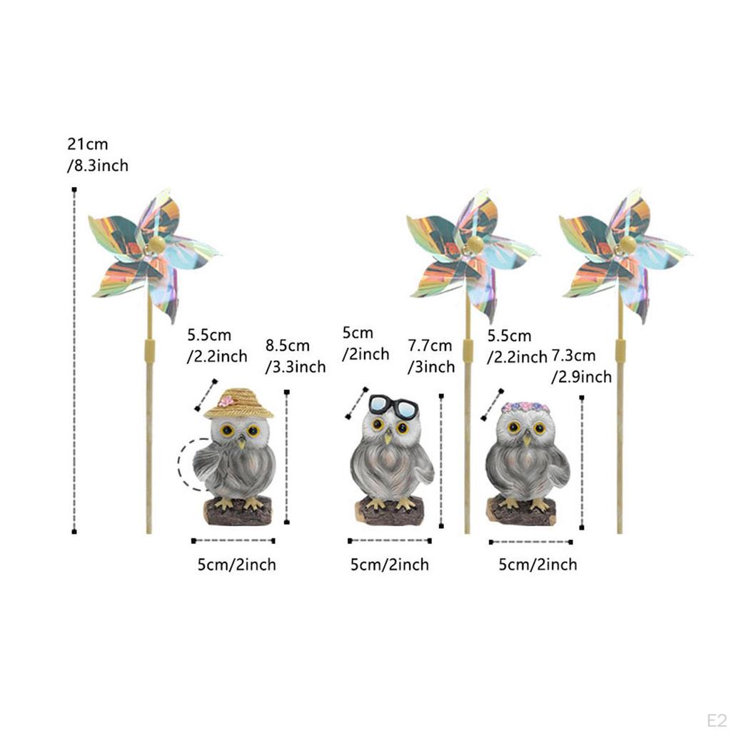 3x Garden Owl Statue, Wind Sculpture, Pinwheel Windmill for Outdoor