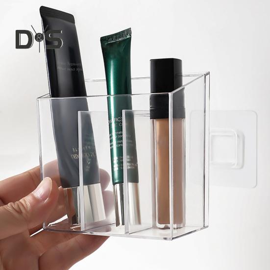 Make-up-Pinselhalter, transparente Aufbewahrungsbox zur Wandmontage mit Klebehaken, unterteilter Kosmetik-Organizer für Badezimmer und Schlafzimmer