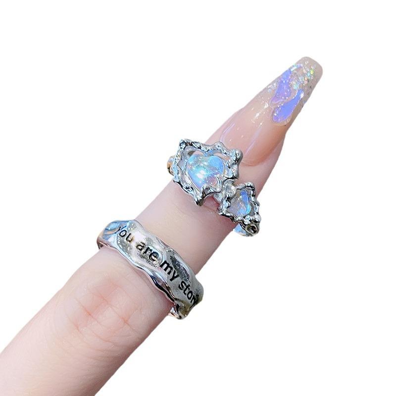 Fashion V Letter Moonstone Diamond Set Open Ring Full Diamond Index Finger Ring Cold Wind Ring