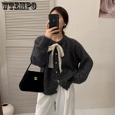Lace Bow Round Neck Sweater Jacket for Women Autumn and Winter Loose Knitted Cardigan
