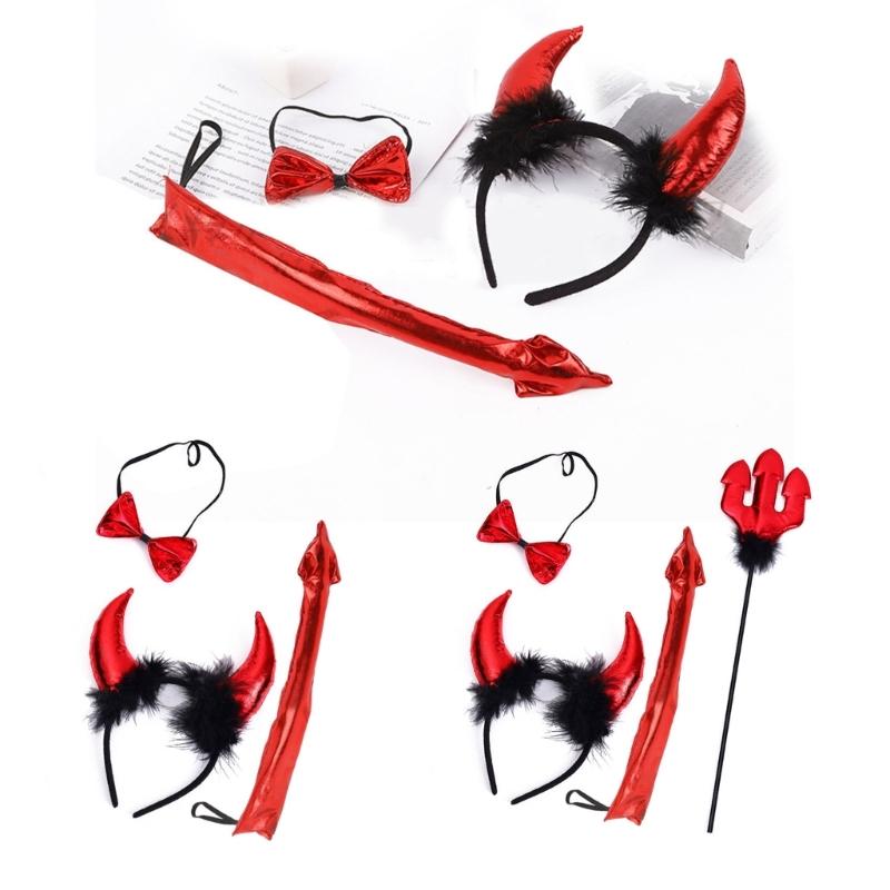 Cartoon Devil Horn Shape Hair Hoop Plush Carnivals Party Headpiece Colorful Cosplay Party Tail&Bowties Props Unisex
