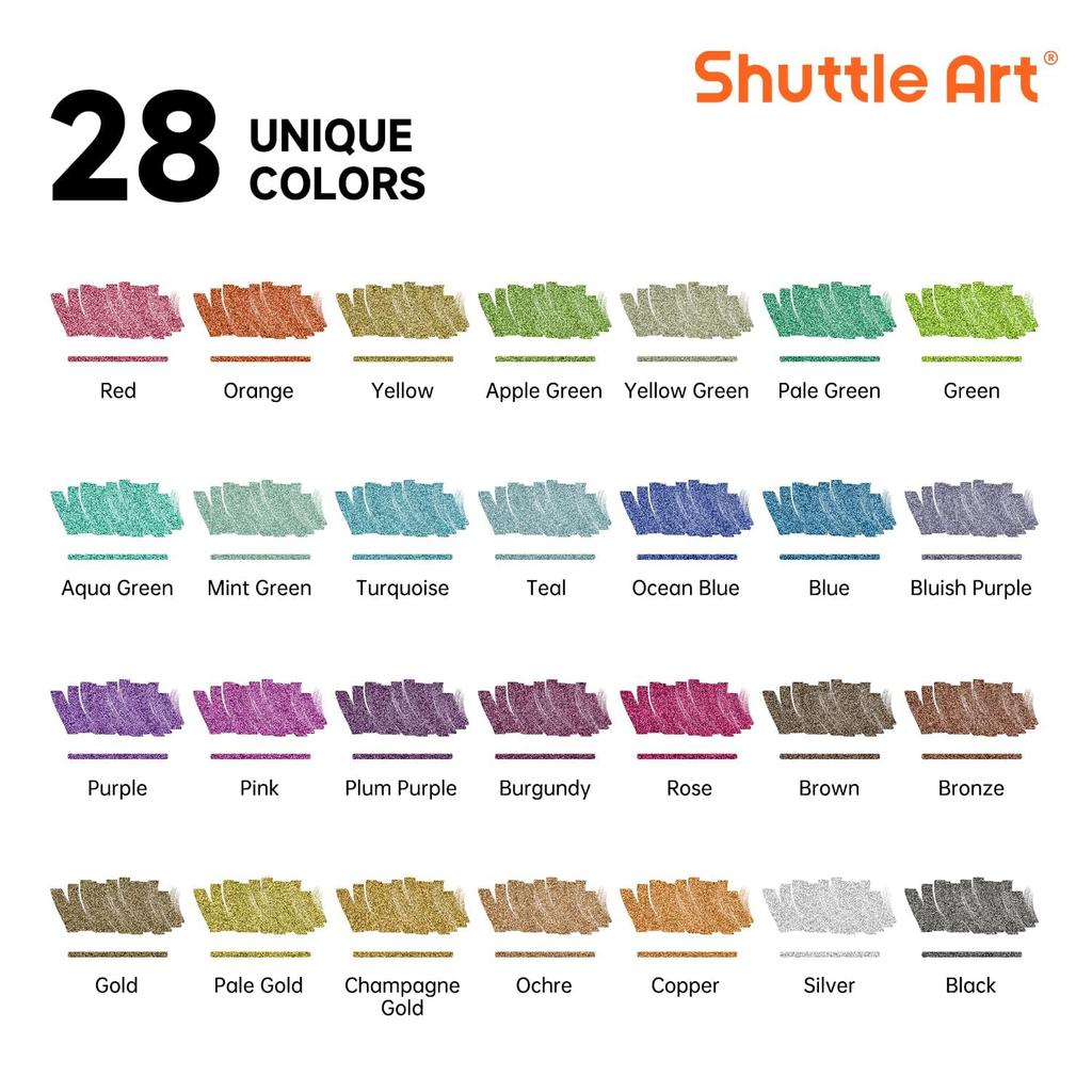 Shuttle Art Acrylic Metallic Brush Fine Tip Twin Paint Suitable for and Art Gift Markers, Colors, & Pen, 28-Color Set, Glitter, Water-Based Markers,