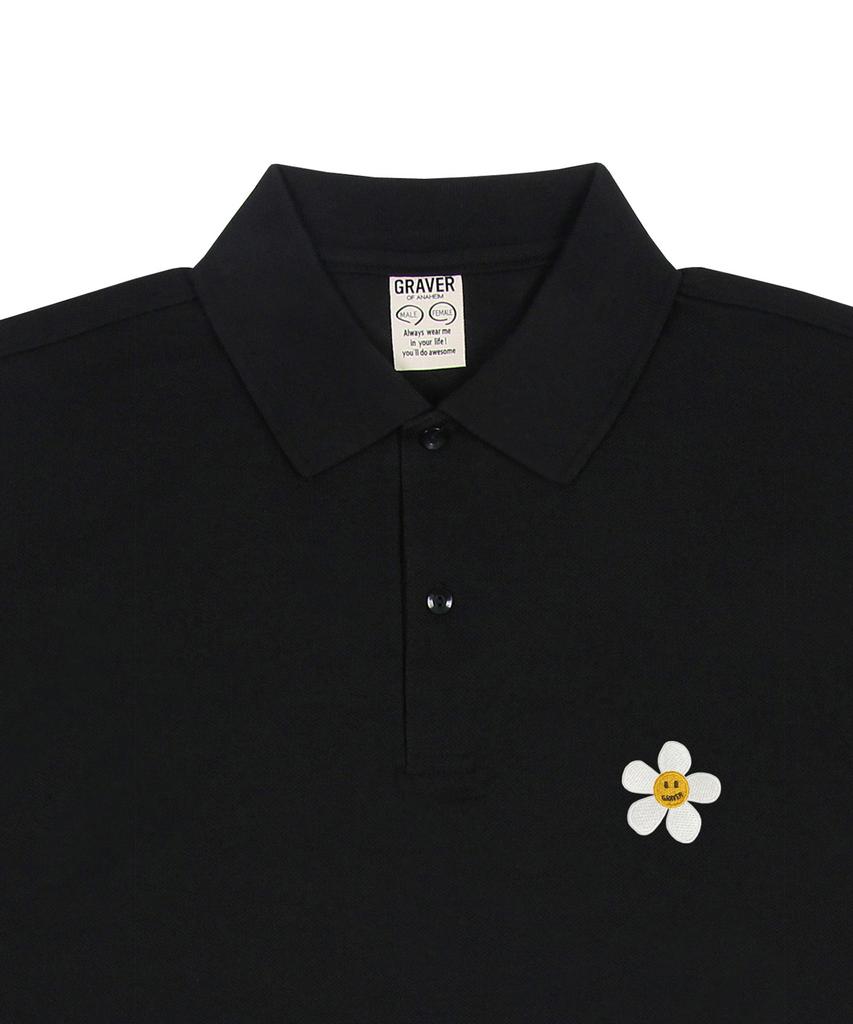Graver [Unisex] Flower Embroidered Pique Short Sleeve T-Shirt_Black