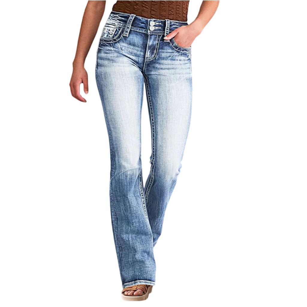 Fashion Women's Slim Fit Flared Casual High Waist  Blue Jeans With Pockets