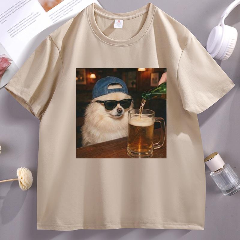 Divertente Pomerania che Beve Birra Maglietta per Cani Cane Meme Grafica Maglietta Regalo per Amante dei Cani Festa del Papà Abbigliamento Uomo