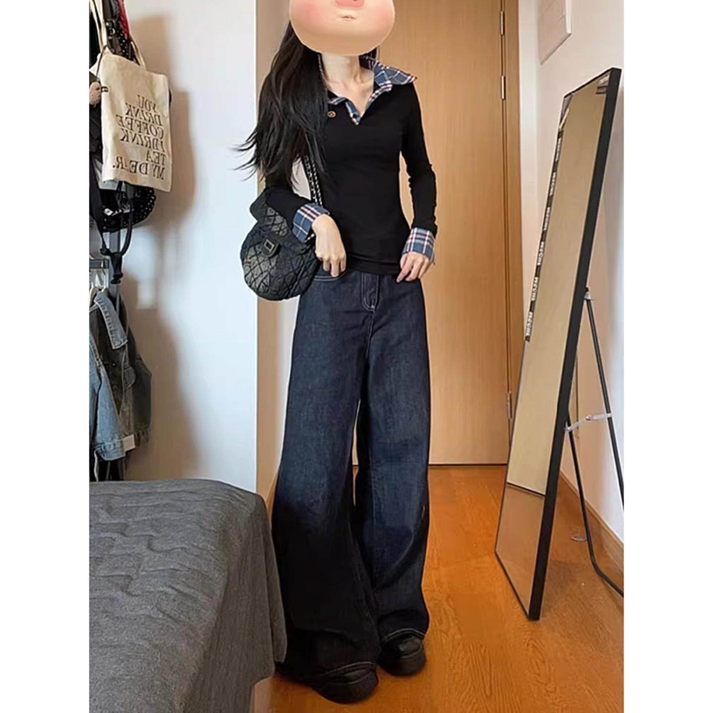 Американская ретро футболка с длинным рукавом, имитация двух предметов, клетчатая вставка, шикарный топ S