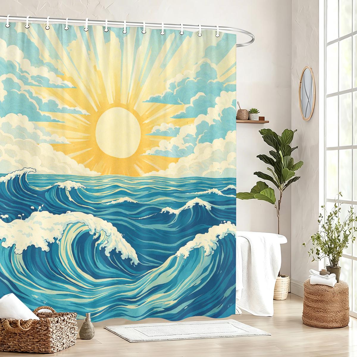 

Vibrant Ocean Themed Polyester Shower Curtain - Stylish Printed Bath Curtain, Decorative Bathroom Linen For Home W60H190(CM)-1 Pcs