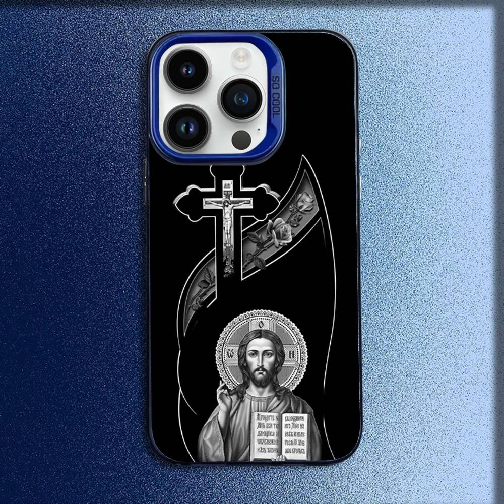 Orthodox Cross Icon Church Phone Case For iPhone 16,15,14,13,12,11,Mini,Pro,E,MAX Blue Candy Matte Shockproof Cover