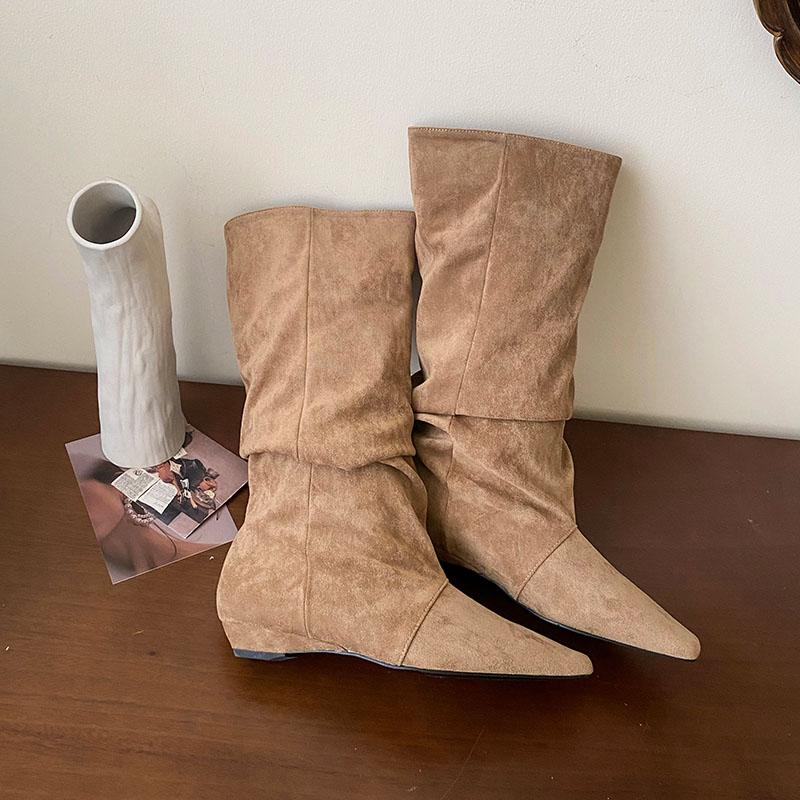 Mode Mode Flock Damen Mid-Calf Stiefel Schuhe Mit Höhenerhöhendem Schuhwerk Plissierte Damen Moderne Stiefel Weibliche Slipper