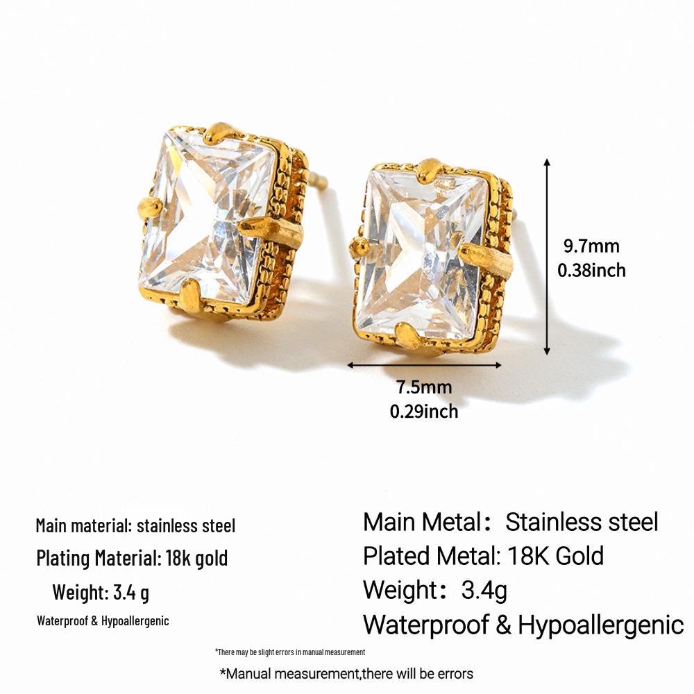 Ying Tai 18K Gold-Plated Zircon Square Studs: Exquisite Stainless and Titanium Steel Earrings for Women