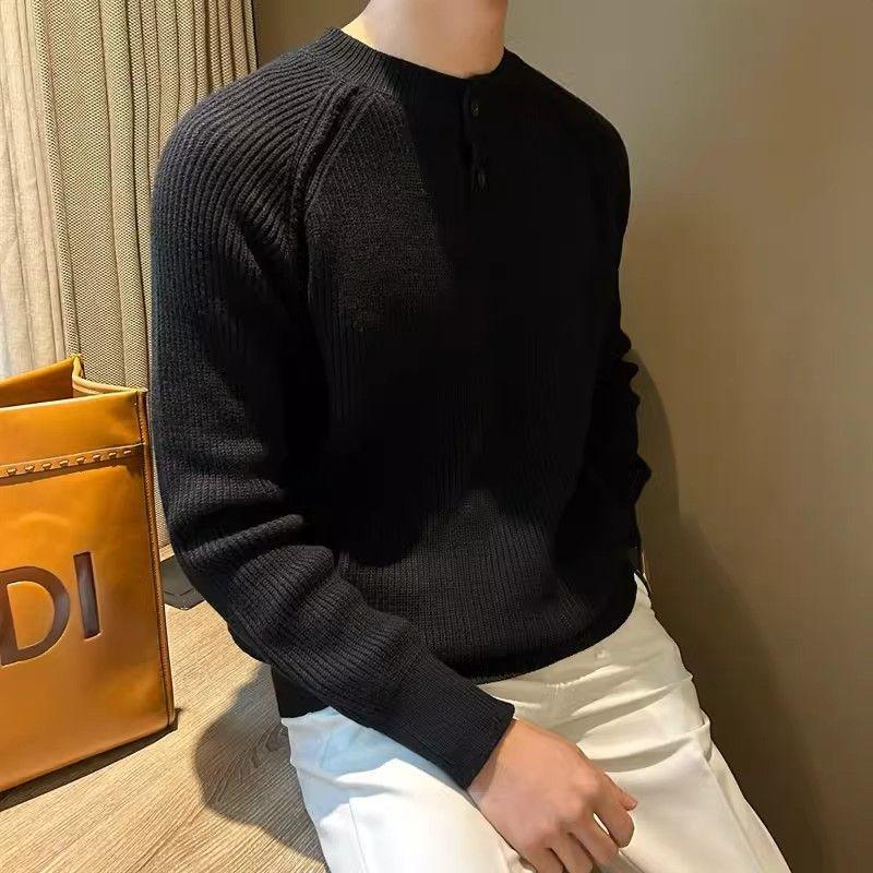 

Korean Solid Casual Thick Sweater Men s Pullover Jacquard Thin Strips Henry Collar Base Knit Sweater XXXL чорний