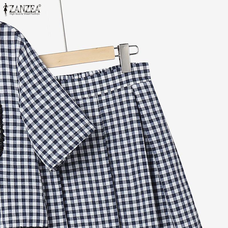 ZANZEA Women Short Sleeve Blouse and Long Skirts Plaid Print Two Piece Suit Sets