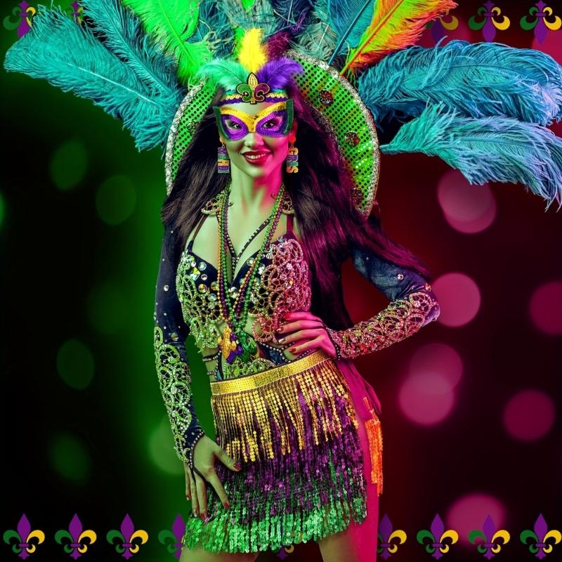 Mardi Gras Costume Tricolor Eyemask Beaded Necklace Feather Headband for Event Parties Favors Carnivals Party Supplies