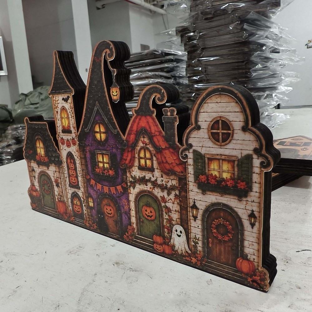 Wooden Wooden Haunted House Multi-layer Flat Base Halloween Village Decor Eco-friendly Vintage Finish Rustic Autumn Ornament