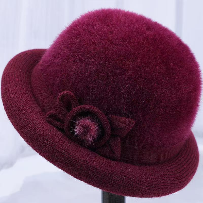 

Elderly Women Knit Beanie Hat With Flower Embellishments And Solid Color Design For Winter Warmth Burgundy
