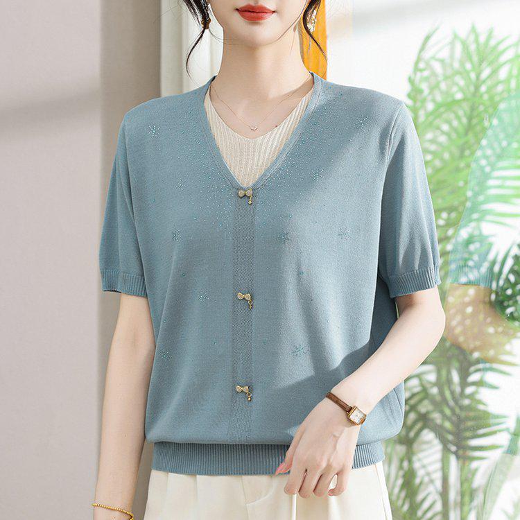

Повседневный женский джемпер с V-образным вырезом и коротким рукавом 2XL (115-140 lbs recommended) синий