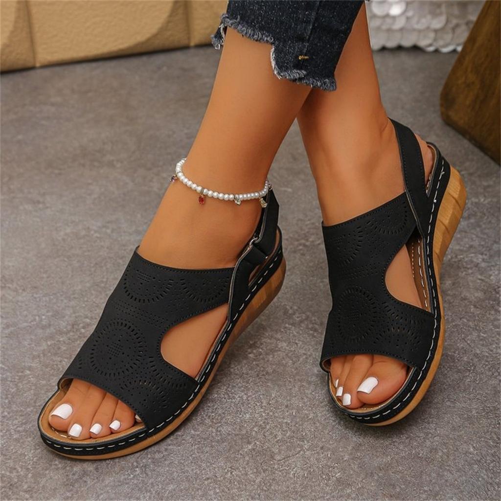 Women’s Plus Size Adjustable Strap Hollow Out Casual Round Toe Sandals with Hook and Loop Closure for Summer Comfort