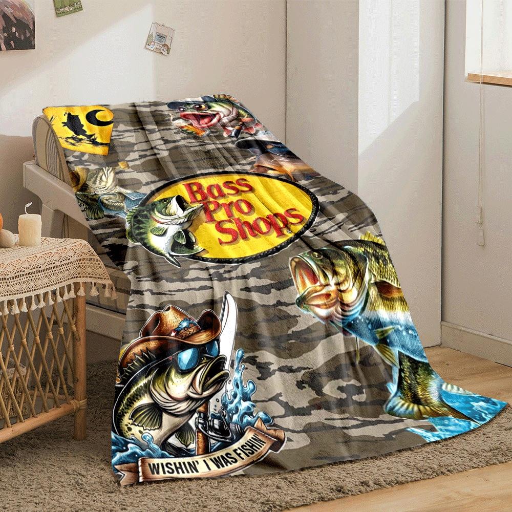 Camouflage with Cartoon Fish, Fishing Gear, and Bass Pro Shops Logo. for All Seasons Blanket Lunch Break Throw Gift