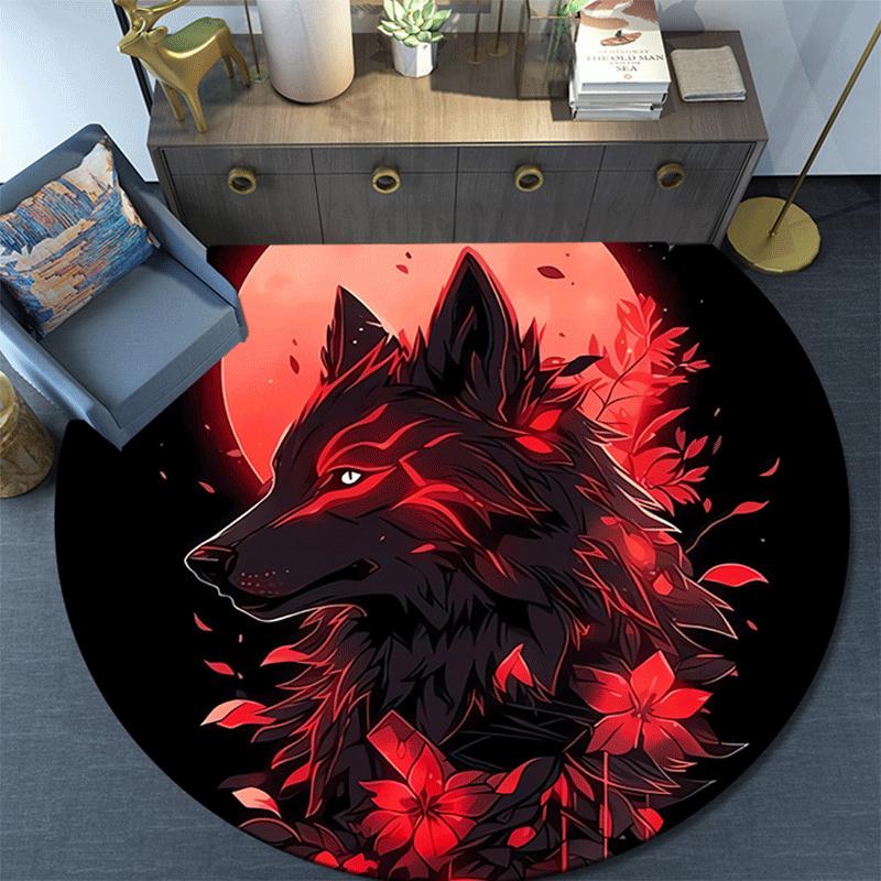 1pc Soft, Absorbent & Non Slip Black wolf Round Rug Soft Circle Rug for Living Room & Bedroom Decor, Chair Mats, and Unforgettable Home Gift