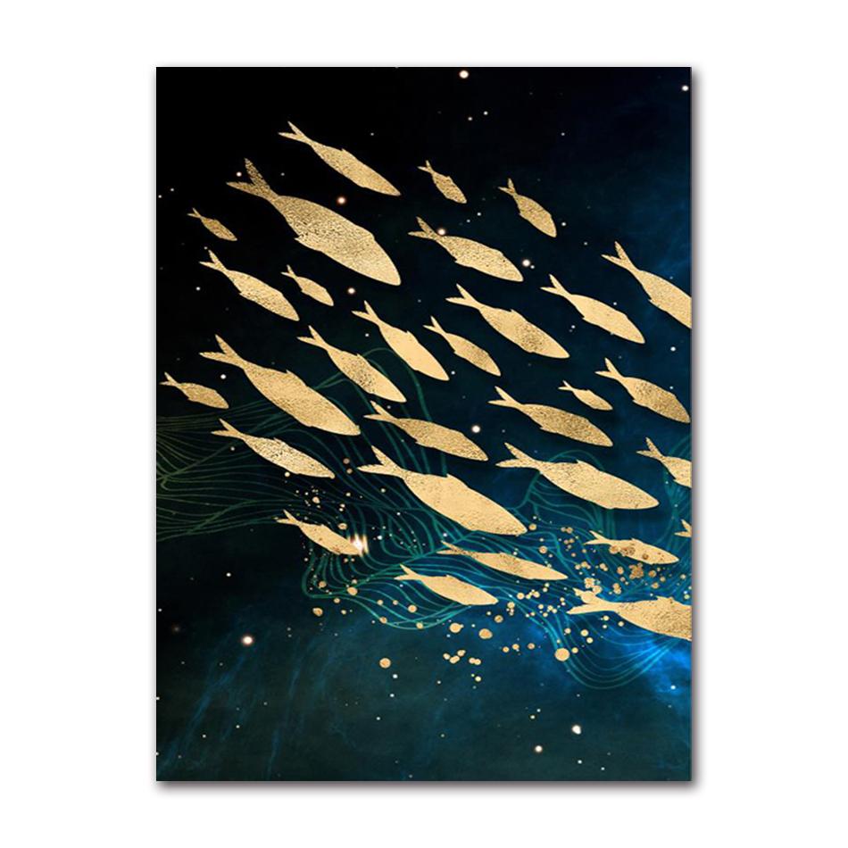 Painting Big Blue Poster Print Luxurious Wall Art For Living Room Aisle Gold Tableaux Picture Abstract Gold Fish Chinese Canvas