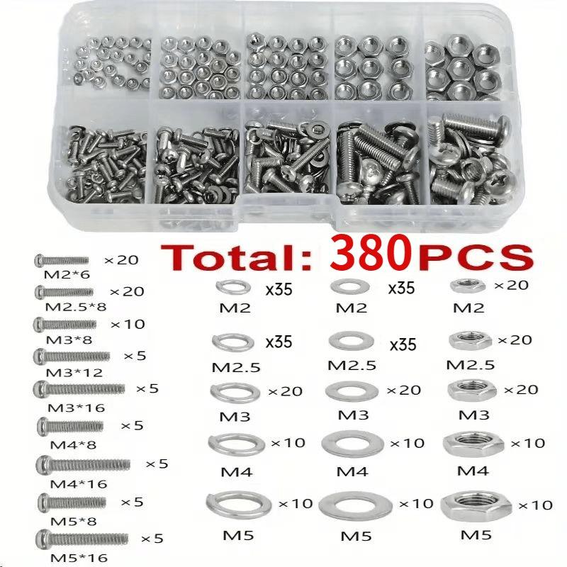 380pcs Hexagonal Nuts and Bolts Set | Durable M2 M2.5 M3 M4 M5 Metric Sizes, Carbon Steel, and Repair Hardware Tool Kit