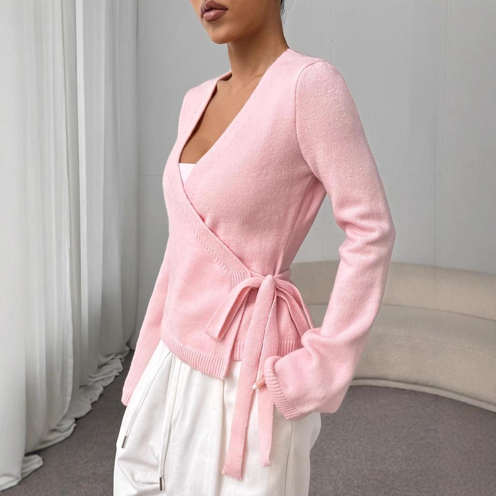 Women's Elegant Tie-Up Knit Long-Sleeve Top for Autumn/Winter