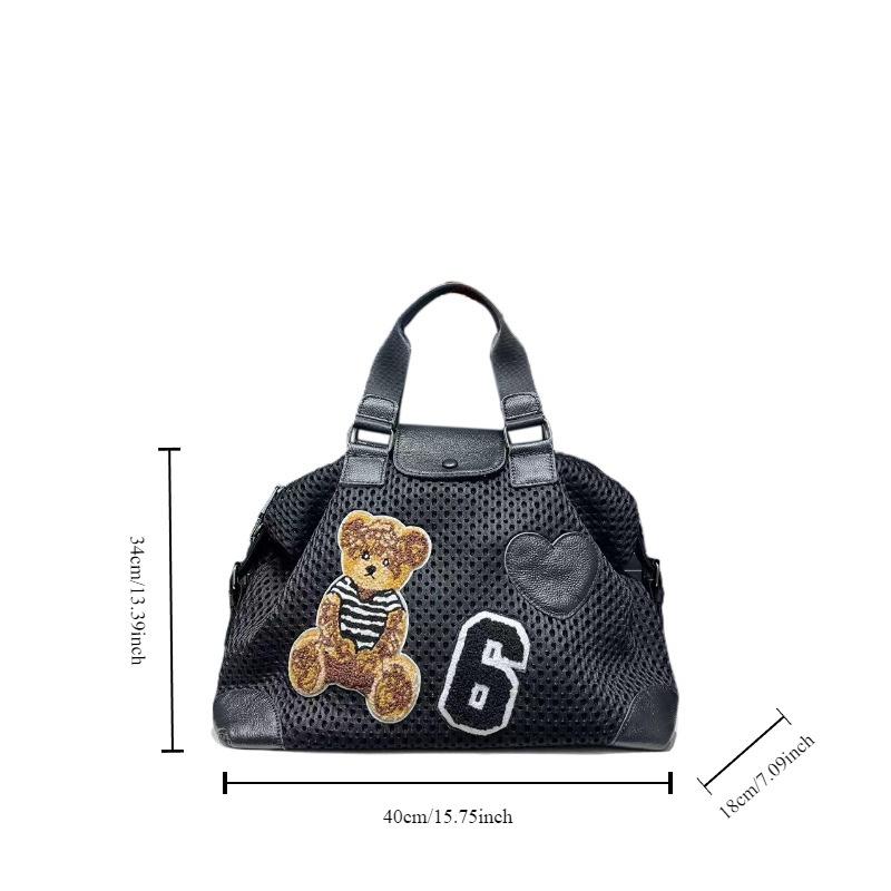 Women'S Mesh Handbag Splicing Cute Bear Casual Versatile Travel Lightweight Shoulder Messenger Bag
