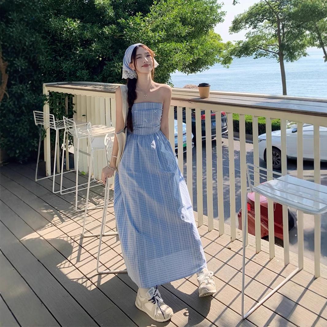 

Women s Blue Plaid Sleeveless Spaghetti Strap Maxi Dress S Premium
