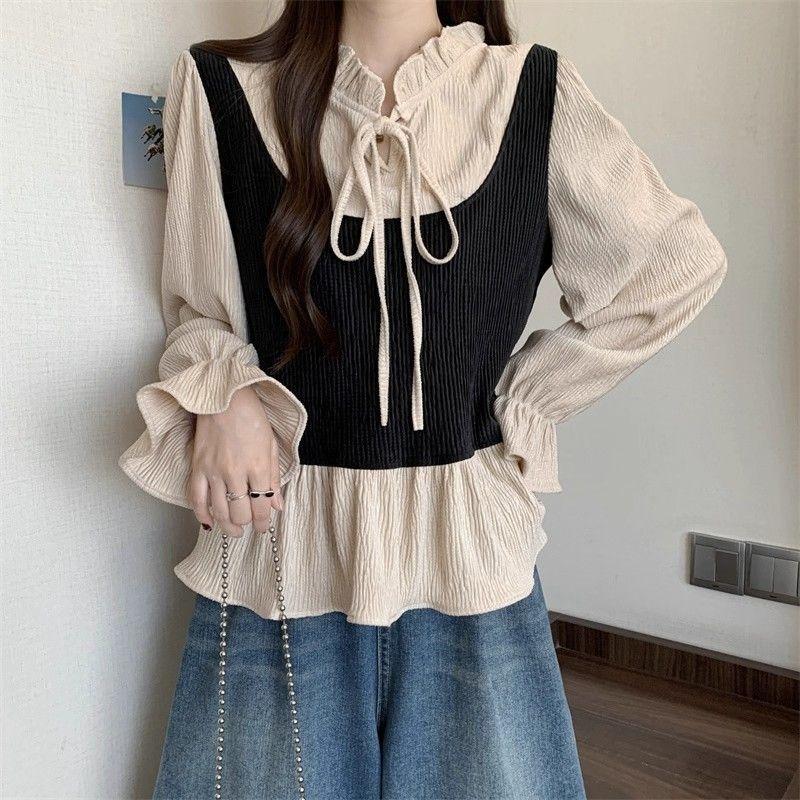 Women Ruffled Neckline Long Sleeve Color Block Peplum Blouse S чёрный