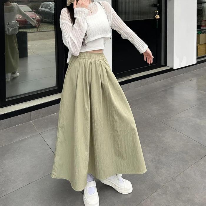 Women's Spring/Fall Loose-Fit High-Waisted Skirt: Slimming, Pleated, Solid Color, Elastic Waist, A-Line, Mid-Length