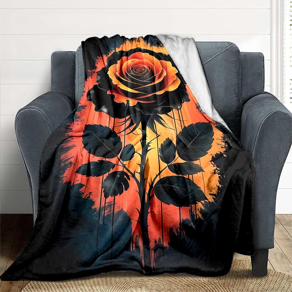 1pc Black Rose Print Blanket   Lightweight Flannel Throw Blanket For Sofa, Bed, Living Room, Office, Outdoor Travel, Camping