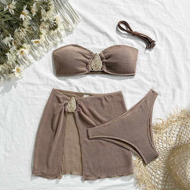 With Skirt Wrinkled Bandeau Bikini Female Swimsuit Women Swimwear Three-pieces Bikini Set Metal Ring Bathing Suit Swim Beachwear