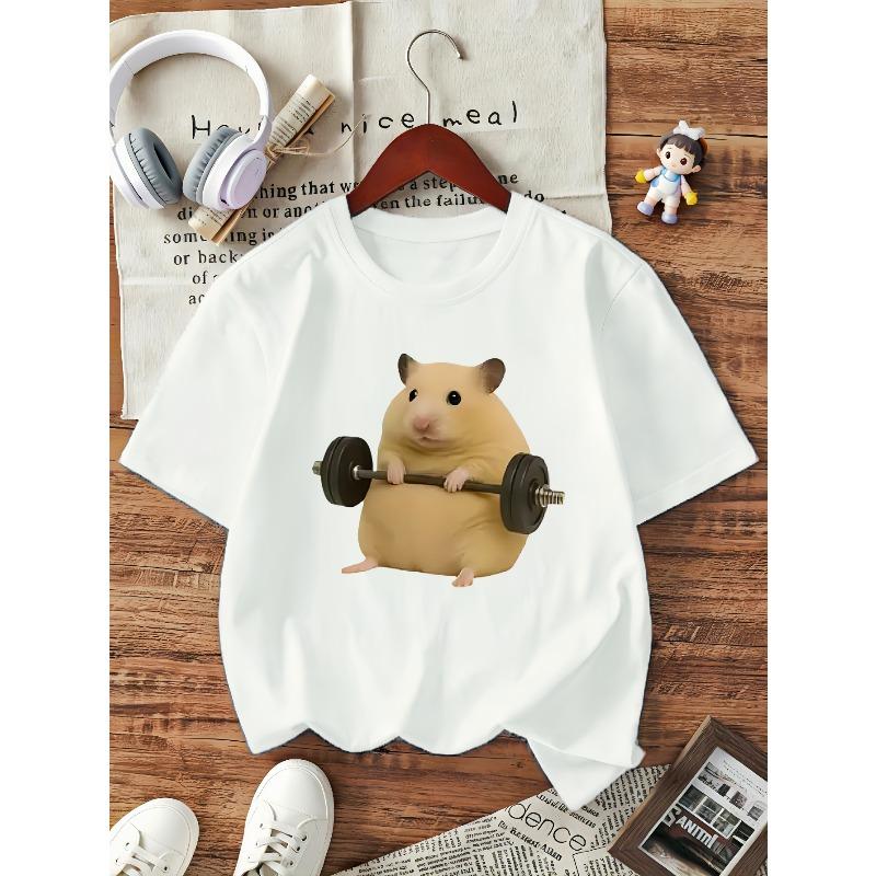 European sizes Cute Short-Sleeved T-Shirt for Girls Featuring a Round Neck And a Fun Sports Theme with a Cartoon Hamster Lifting Weights