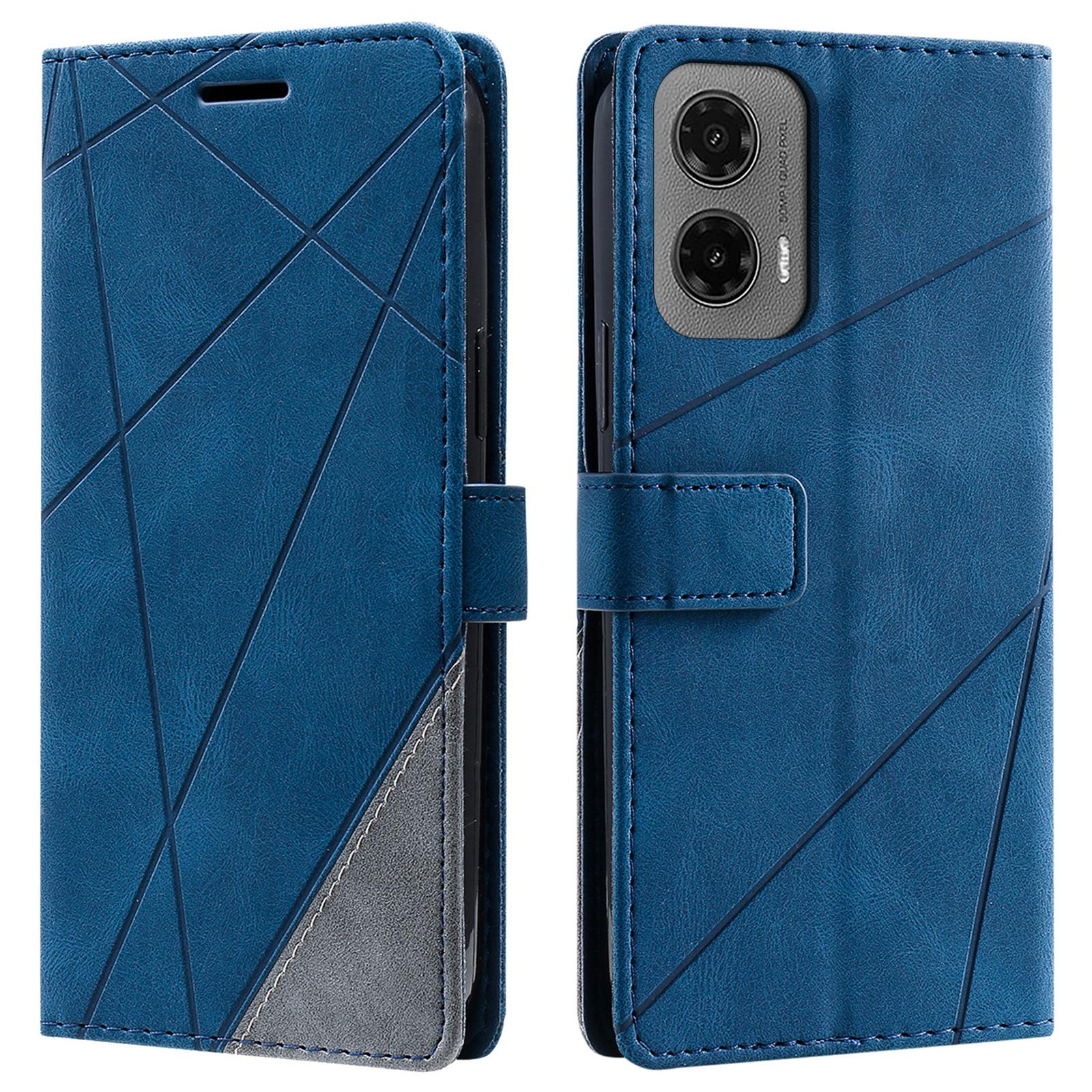 

For Motorola Moto G35 5G Case Imprinted Lines PU Leather Splicing Wallet Phone Cover Blue