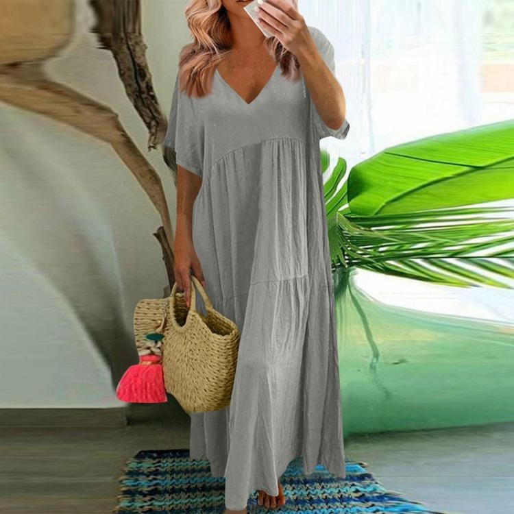 Women's Summer Fashion Large Size V-neck Solid Color Short-sleeved Loose Long Swing Dress