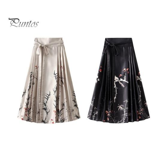 Dámská maxi sukně v čínském stylu Vintage sukně s vysokým pasem Elegantní květinový potisk ptáků Hanfu sukně skládaná šněrovací sukně s koňským obličejem