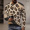 Men s Plus Size Beige Black Brown Leopard Printed Round Neck Long Sleeve Pullover T Shirt