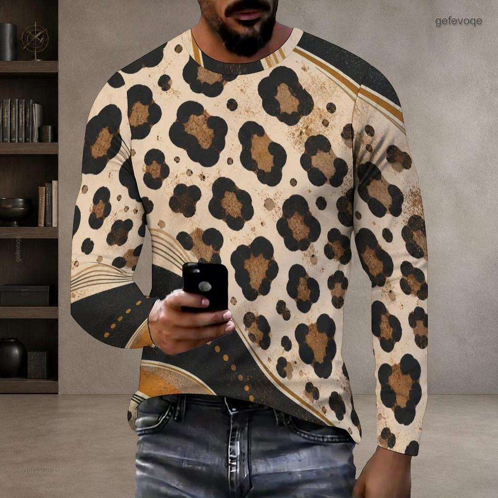 Men s Plus Size Beige Black Brown Leopard Printed Round Neck Long Sleeve Pullover T Shirt