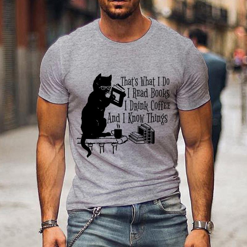 Men's T-shirt That's What I Do I Read Books Printed Shirts Black Cat T Shirt Drink Coffee Lovers Shirt Men's Tees