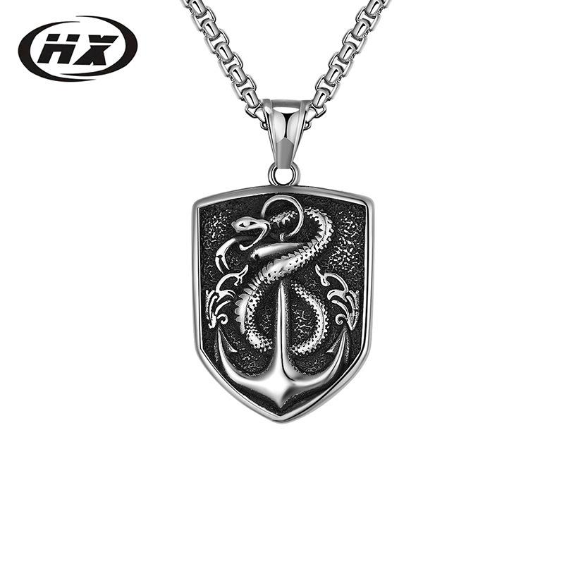 European & American Hip Hop Men's Steel Necklace: Dog Tag with Snake & Anchor, Non-Fading Sweater Chain