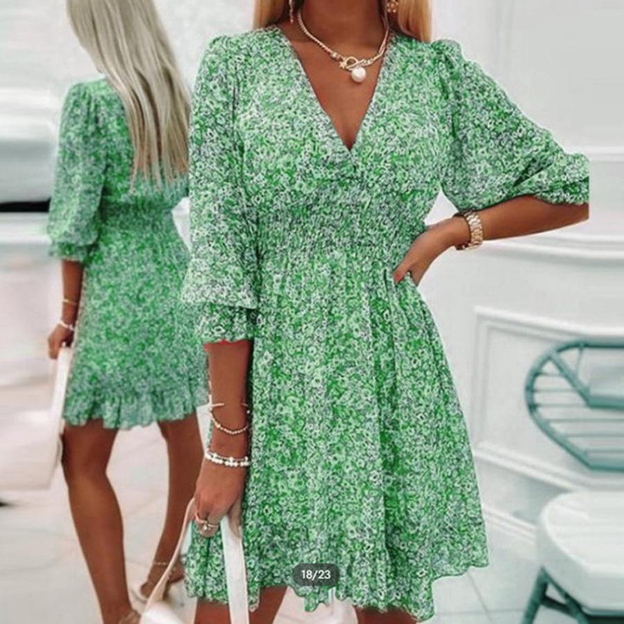 New Women's Long Sleeve Ruched Boho Printed Short Sleeve Floral Dress