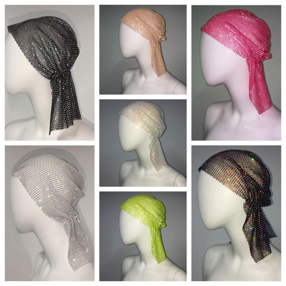 Crystal Rhinestone Bandana Turban Fishnet Headscarf Elegant Aurora Borealis Hair Band  Unisex