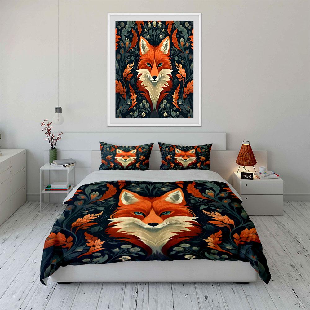 Fiery Red Fox And Botanical Print Bedding Set For Kids Luxury Gift 3Pcs Digital Print Comforter Set Soft Comfortable Breathable