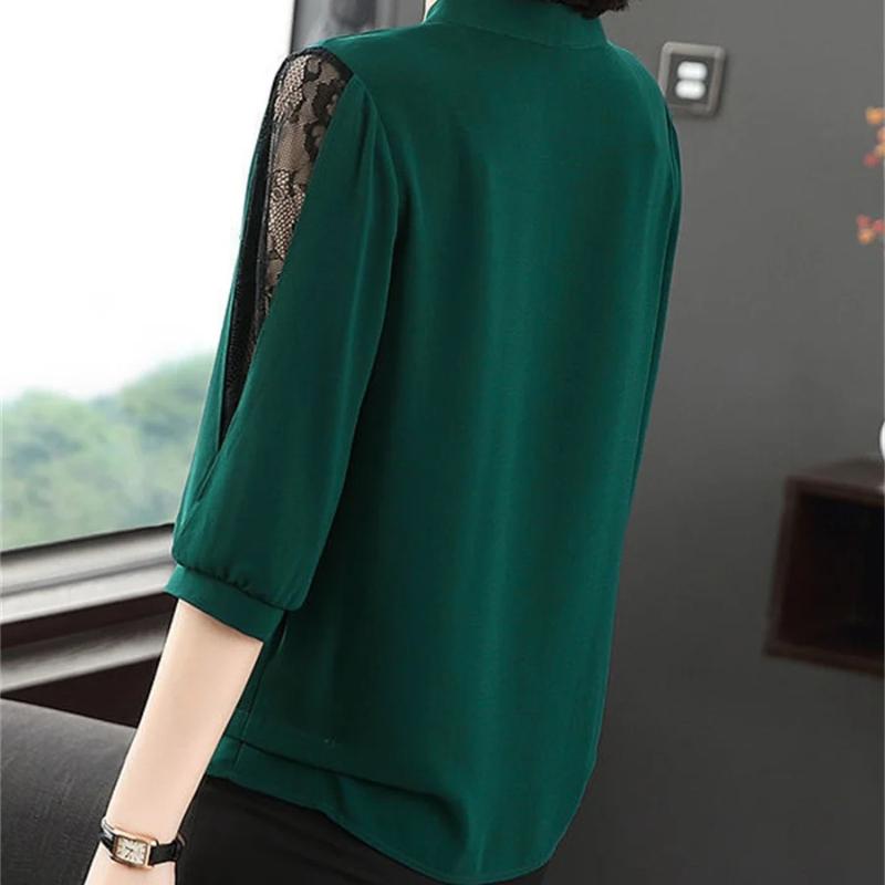 Women Spring Summer Style Blouses Tops Lady Casual Bow Tie Colloar Half Lace Sleeve Loose Blusas Tops