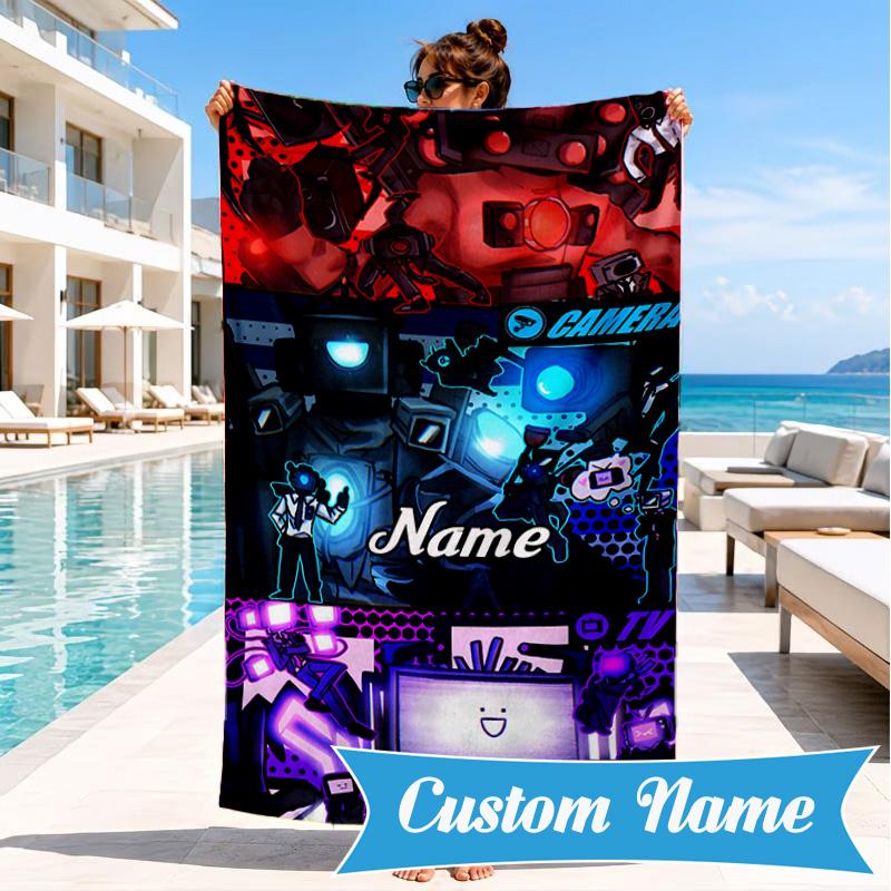 Custom Name Toilet Heart In Space Adventure Microfiber Beach Towel, Lightweight for Summer Travel, Swimming Pool Fan Gift