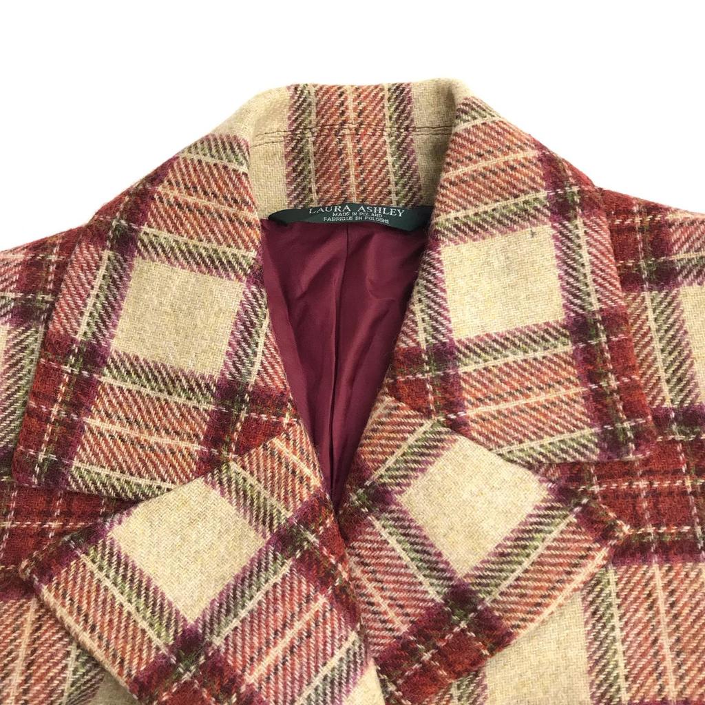 Made in Poland Laura Ashley Short Pea Coat 9 Women M Red×Beige Check Outer Jacket(USED)