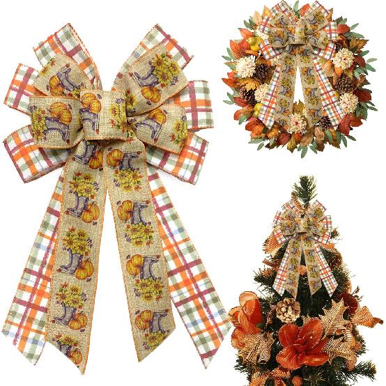 Fall Bows - Thanksgiving, Autumn Leaves, Buffalo Plaid & Burlap, White, Black, Orange - Front Door, Indoor/Outdoor Wall Decor - 10 Pack