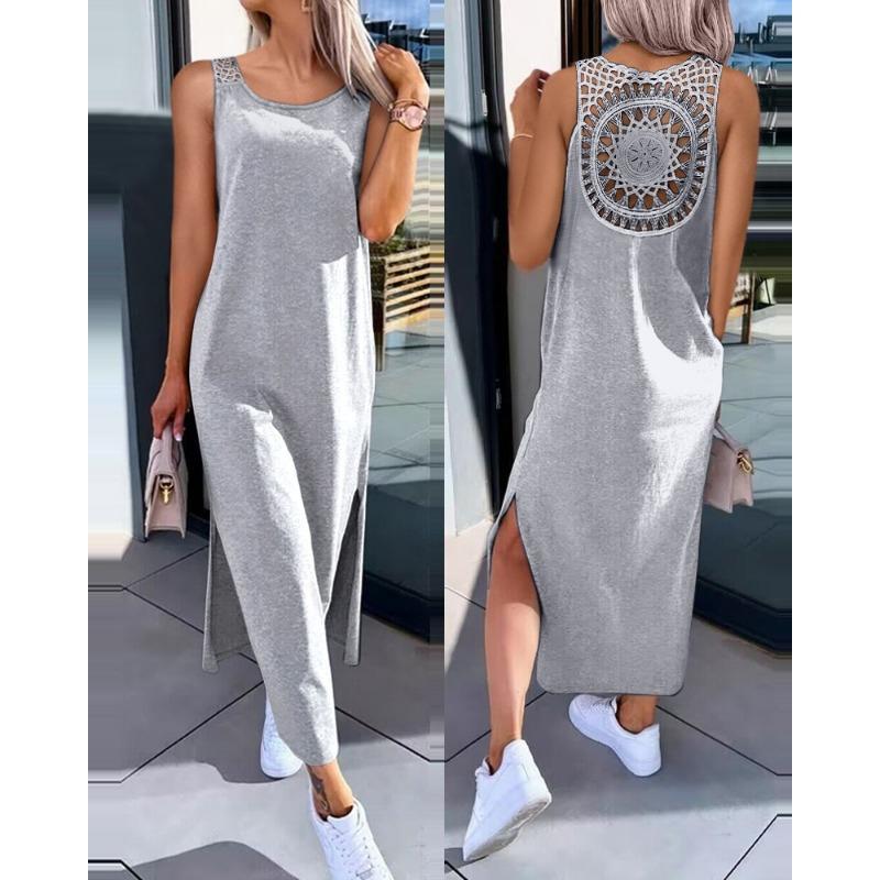 

Summer Women s Lace-up Hollow-out Dress with Shoulder Straps, Sleeveless Slit Vest Dress, Knee-length Mid-length Dress L сірий