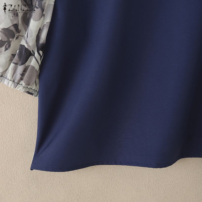 ZANZEA Women Bows Collar Casual Splice 3/4 Sleeve Loose Blouse